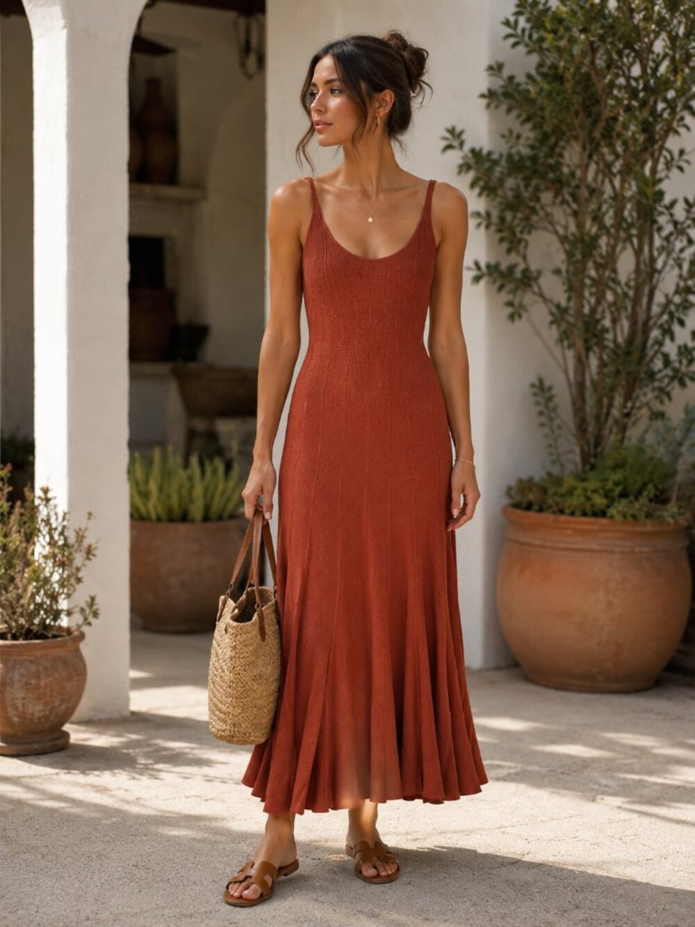 Caroline Constas Rust Red Sleeveless Knit Maxi Dress